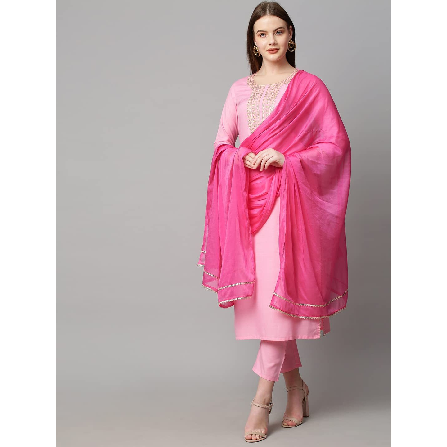 ANNI DESIGNER Women's Cotton Blend Solid Straight Kurta with Pant & with Dupatta (Aard_Baby Pink_XXL_Baby Pink_XX-Large)