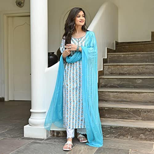 ANNI DESIGNER Women's Cotton Blend Printed Straight Kurta with Pant & Dupatta Pack of 2 (Combo-Coco-Wine-April-Sky Blue_XXL_Multi_XX-Large)