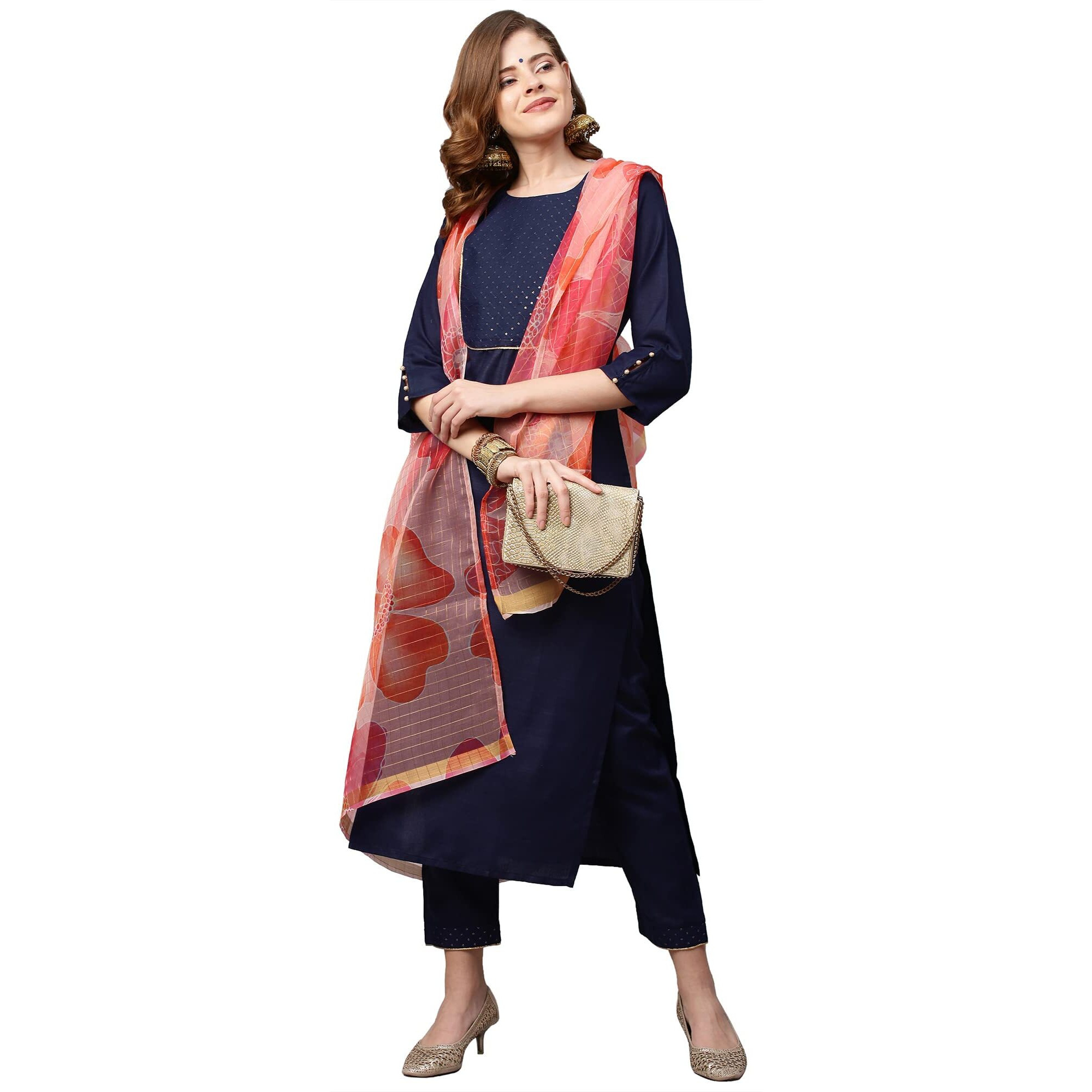 ANNI DESIGNER Women's Cotton Blend Straight Solid Kurta with Pant & Dupatta (Jhony Blue_XL_X-Large_Blue)
