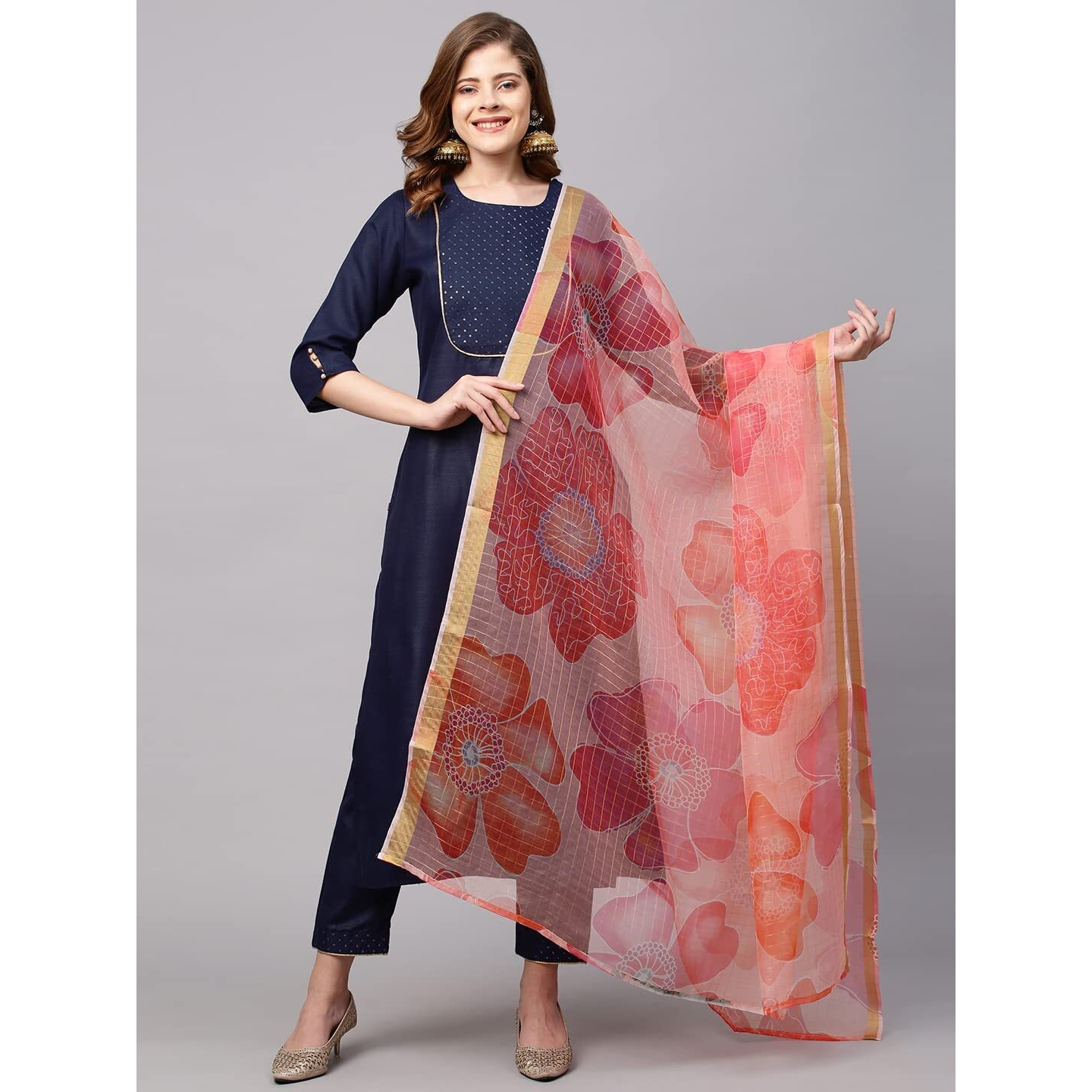 ANNI DESIGNER Women's Cotton Blend Straight Solid Kurta with Pant & Dupatta (Jhony Blue_XL_X-Large_Blue)