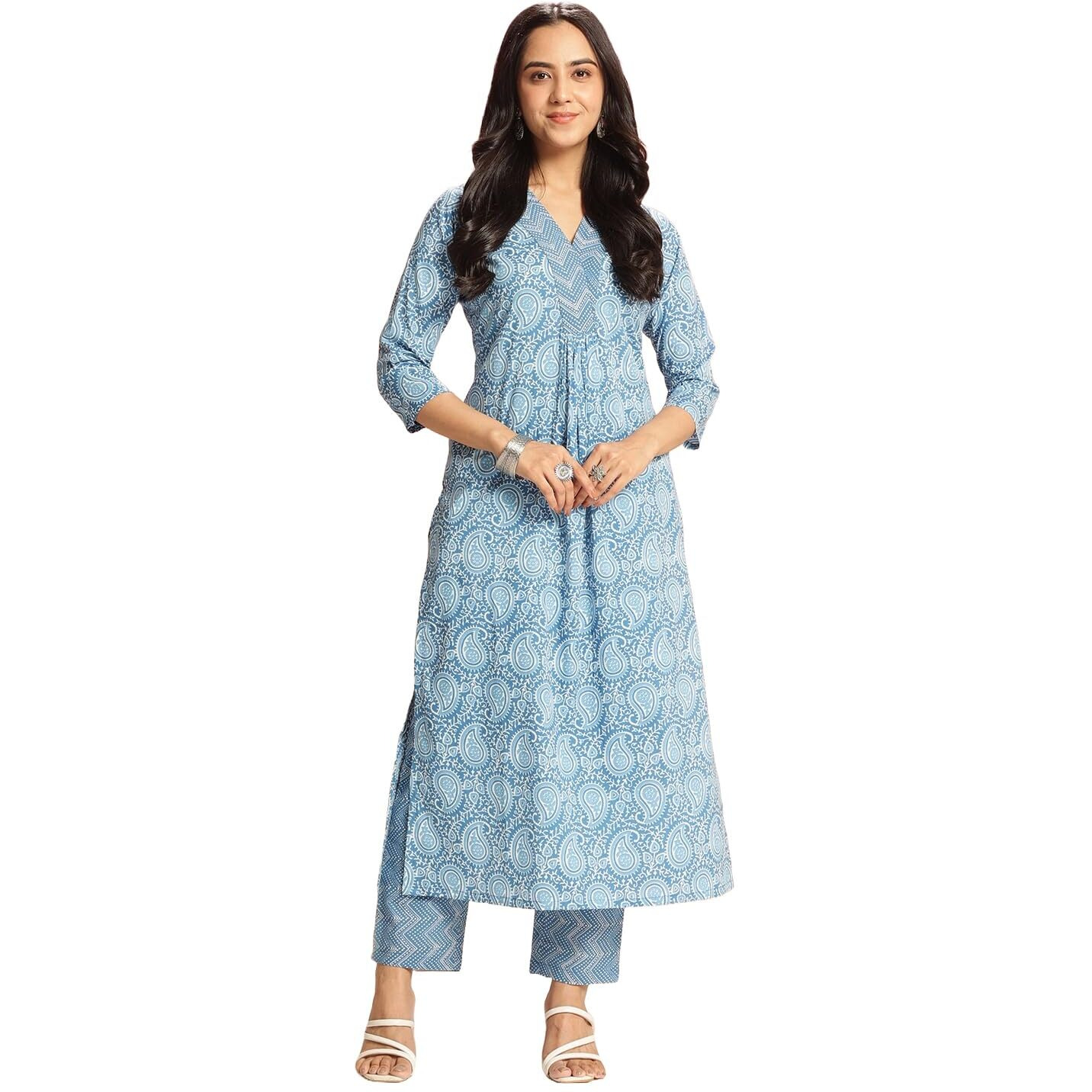 ANNI DESIGNER Women's Rayon Viscose Straight Printed Kurta with Pant (Nikalu Blue_S_Blue_Small)