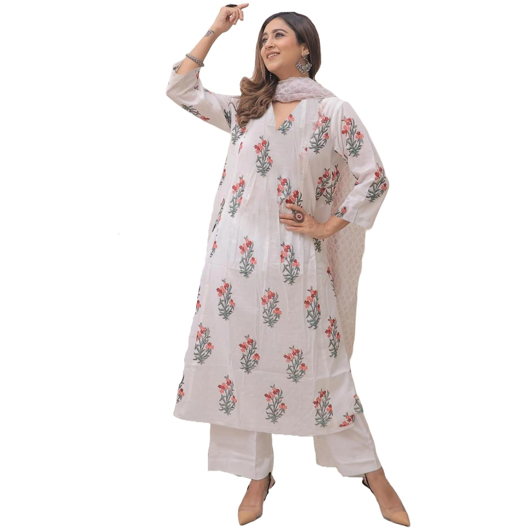 ANNI DESIGNER Women's Rayon Blend Anarkali Printed Kurta with Pant & Dupatta (Motwani White_XXL_White_XX-Large)