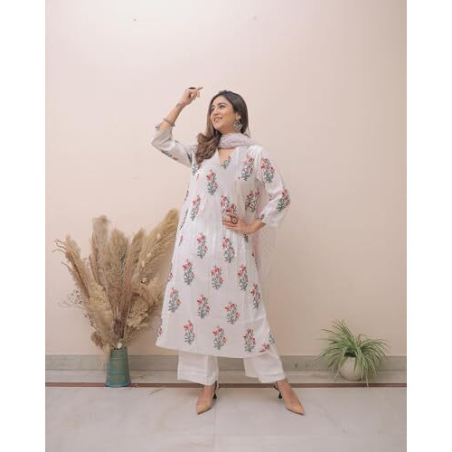 ANNI DESIGNER Women's Rayon Blend Anarkali Printed Kurta with Pant & Dupatta (Motwani White_XXL_White_XX-Large)