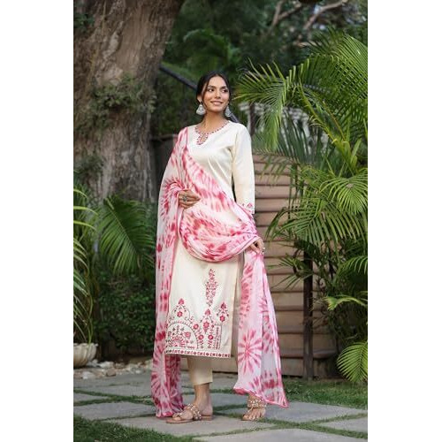 ANNI DESIGNER Women's Cotton Blend Straight Embroidered Kurta with Pant & Dupatta (BHAVI Cream_XXL_Cream_XX-Large)
