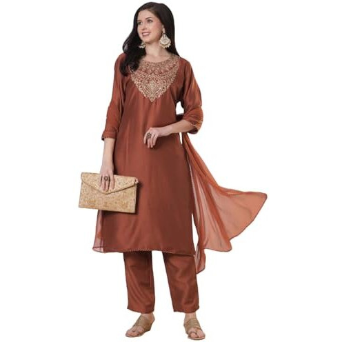 ANNI DESIGNER Women's Rayon Viscose Straight Embroidered Kurta with Pant & Dupatta (GALPATIYO MUSTARD-VKS02_S_Mustard_Small)