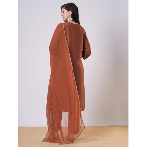 ANNI DESIGNER Women's Rayon Viscose Straight Embroidered Kurta with Pant & Dupatta (GALPATIYO MUSTARD-VKS02_S_Mustard_Small)