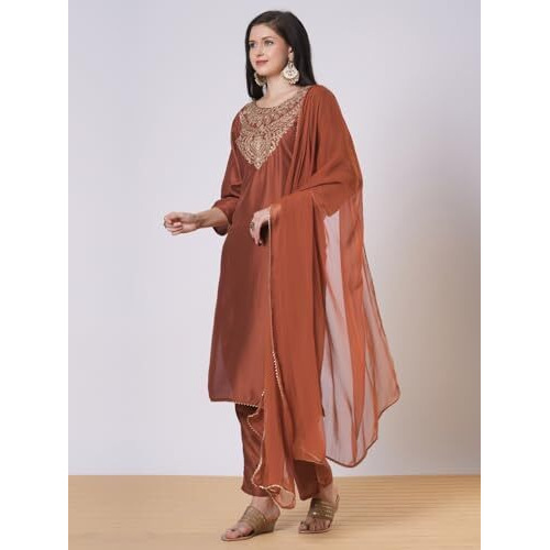 ANNI DESIGNER Women's Rayon Viscose Straight Embroidered Kurta with Pant & Dupatta (GALPATIYO MUSTARD-VKS02_S_Mustard_Small)