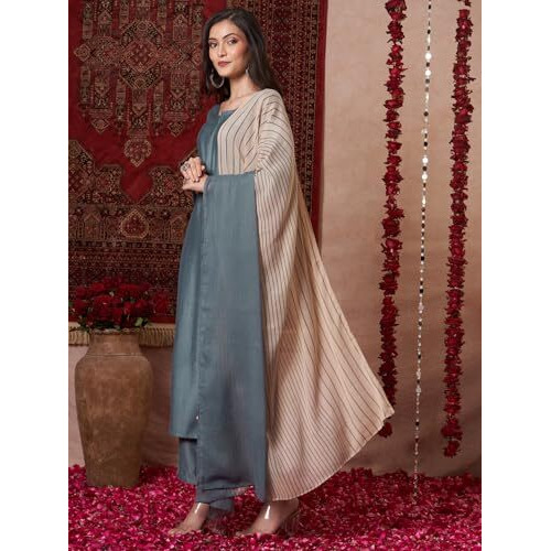 ANNI DESIGNER Women's Rayon Viscose Solid Straight Kurta with Pant & Dupatta (Raja Saab Grey-VKS14_M_Grey_Medium)