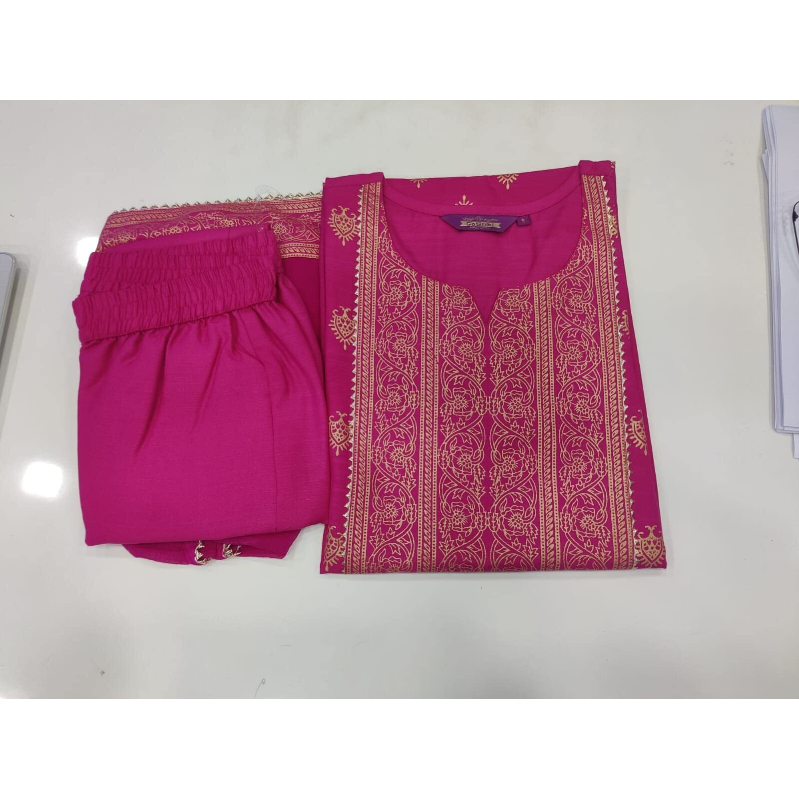 ANNI DESIGNER Women's Cotton Straight Kurta with Pant & Dupatta (KPTD-COT-10132-Pink_3XL_Pink_XXX-Large)