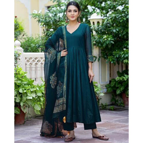 ANNI DESIGNER Women's Rayon Blend Solid Anarkali Kurta with Pant & Dupatta (Magic-KEROSIN_XL_Dark Blue_X-Large)