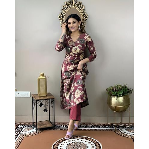 ANNI DESIGNER Women's Cotton Blend Straight Printed Kurta with Pant (DHUN Wine-NW_M_Wine_Medium)