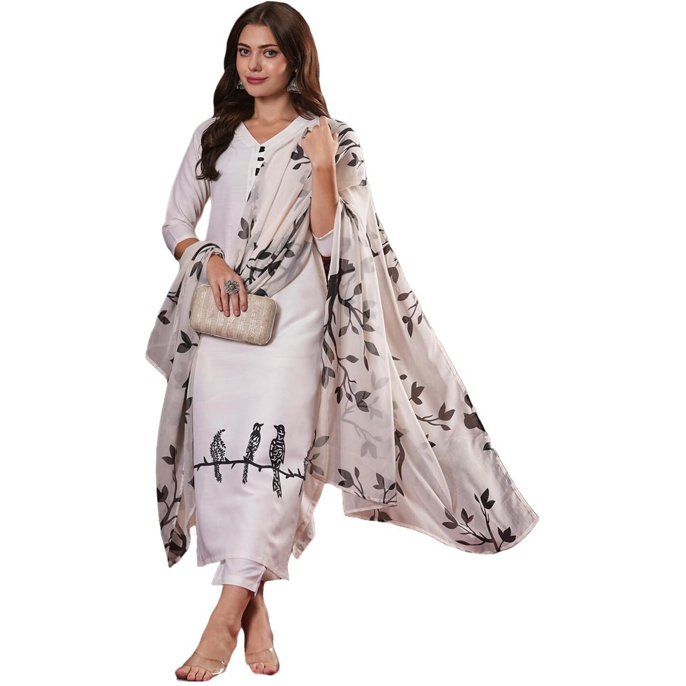 ANNI DESIGNER Women's Cotton Blend Straight Printed Kurta with Pant & Dupatta (JAYACHITRA White_XXL_White_XX-Large)