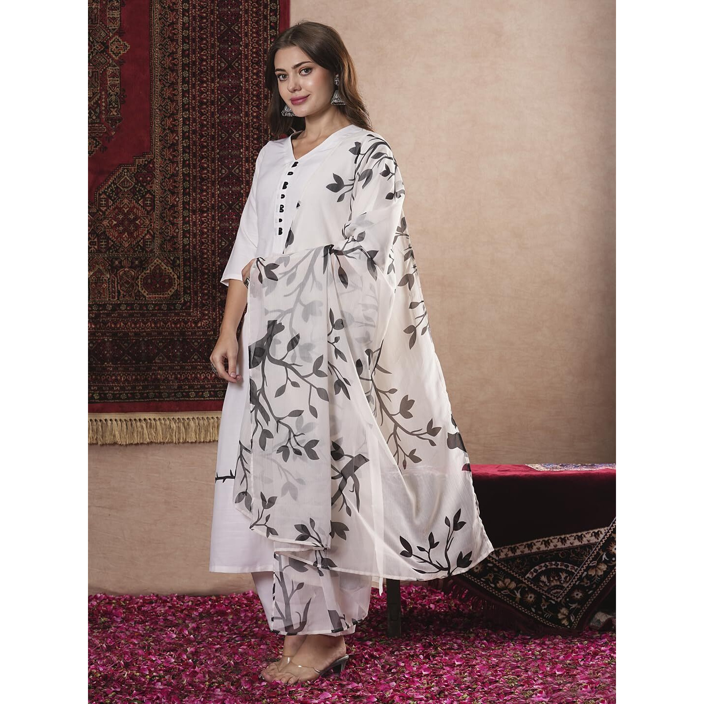 ANNI DESIGNER Women's Cotton Blend Straight Printed Kurta with Pant & Dupatta (JAYACHITRA White_XXL_White_XX-Large)