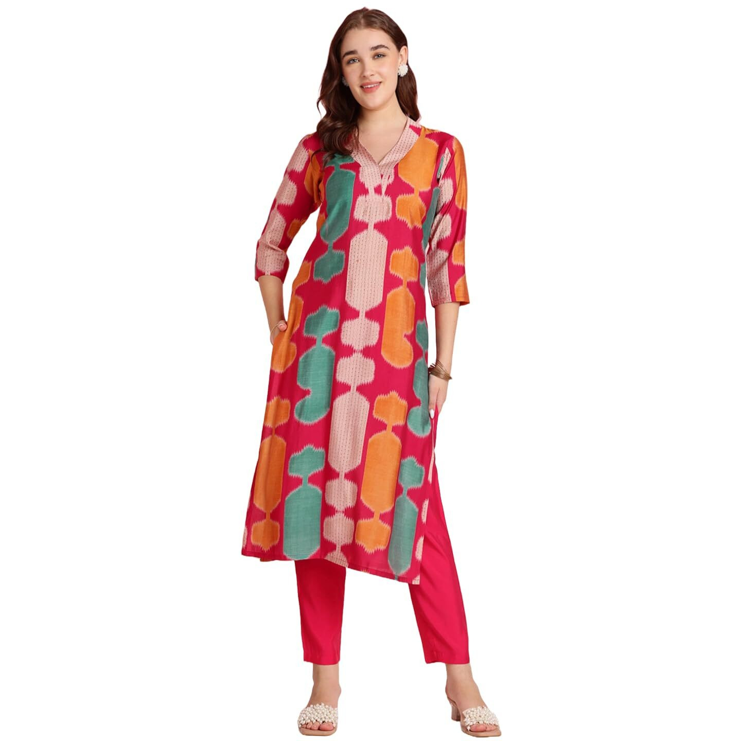 ANNI DESIGNER Women's Rayon Blend Straight Printed Kurta with Pant (SURDAS Pink_L_Pink_Large)