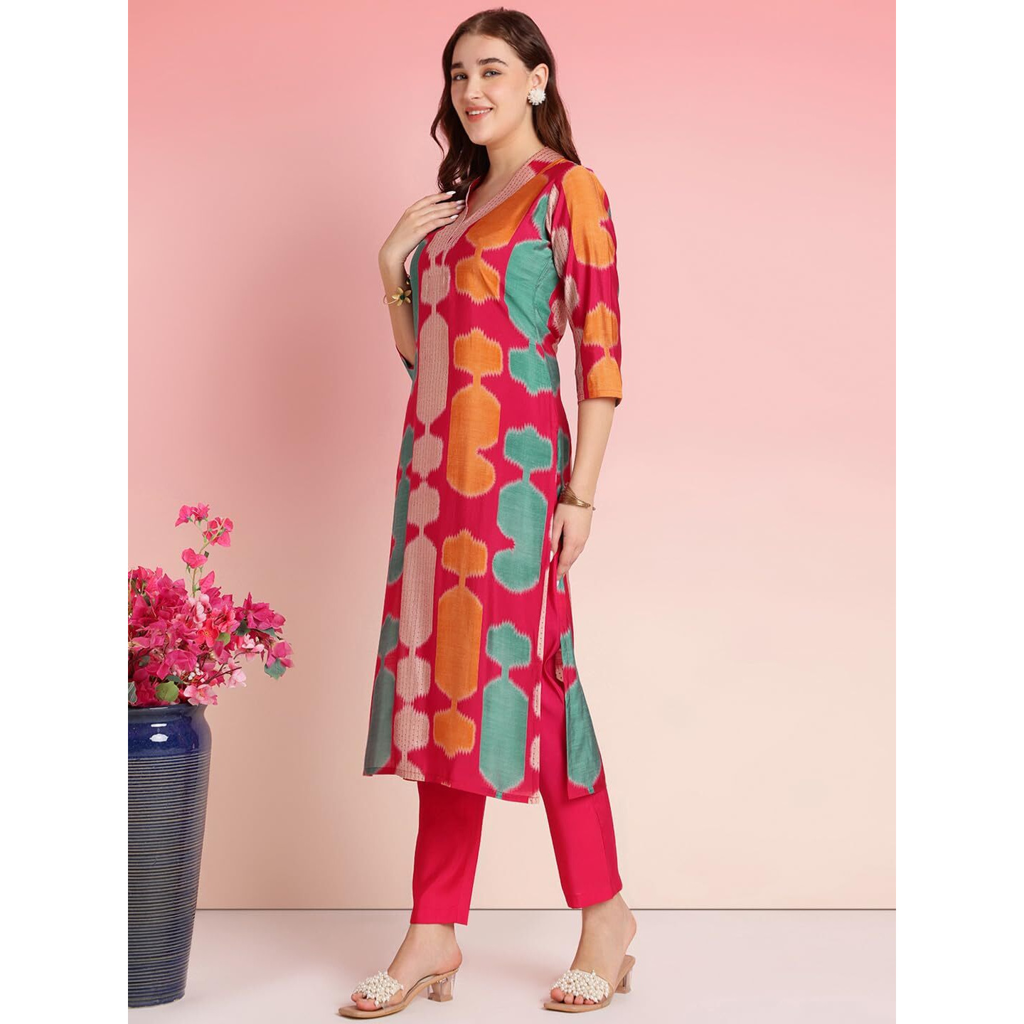 ANNI DESIGNER Women's Rayon Blend Straight Printed Kurta with Pant (SURDAS Pink_L_Pink_Large)