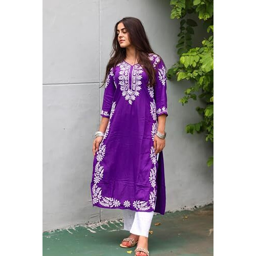 ANNI DESIGNER Women's Cotton Blend Chikankari Embroidered Straight Kurta (Roomali Purple-NW_S_Purple_Small)
