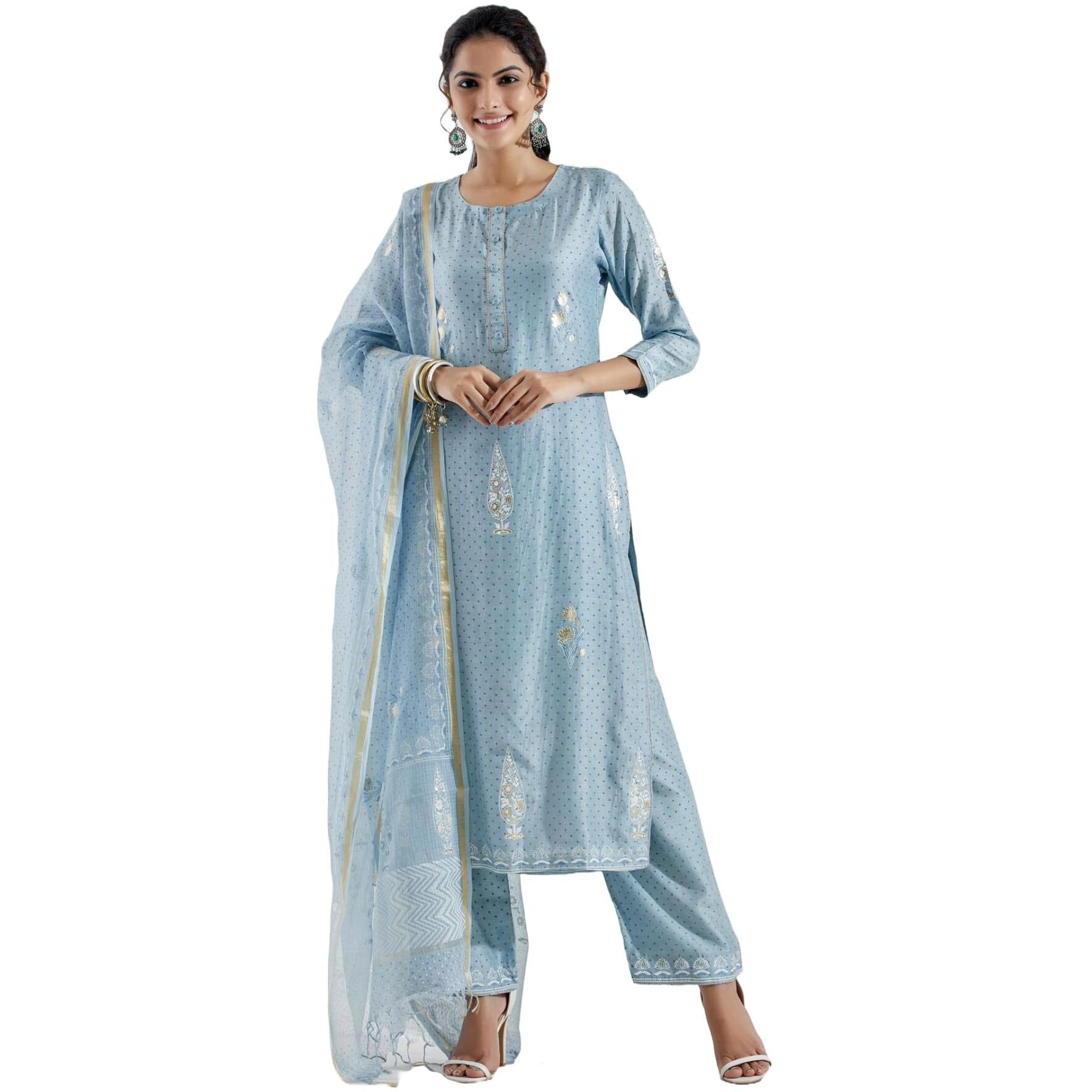 ANNI DESIGNER Women's Cotton Blend Straight Printed Kurta with Pant & Dupatta (Mataji Blue_S_Blue_Small)