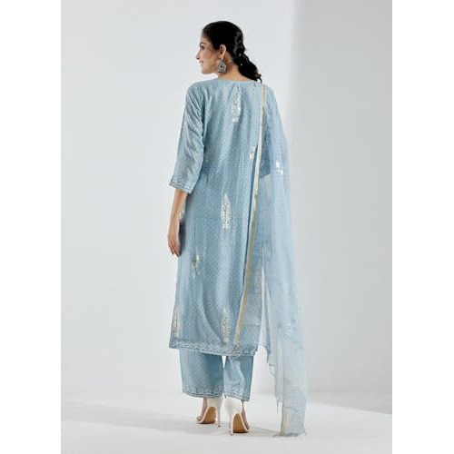 ANNI DESIGNER Women's Cotton Blend Straight Printed Kurta with Pant & Dupatta (Mataji Blue_S_Blue_Small)