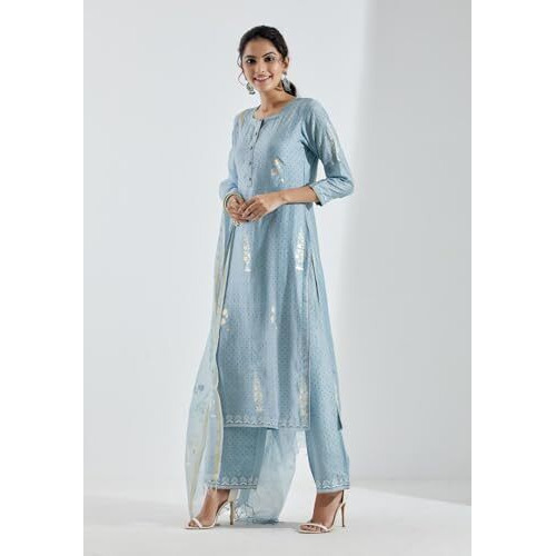 ANNI DESIGNER Women's Cotton Blend Straight Printed Kurta with Pant & Dupatta (Mataji Blue_S_Blue_Small)