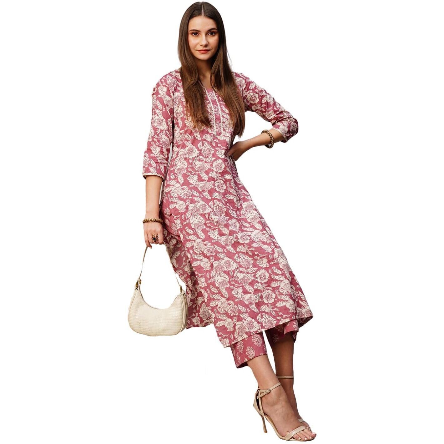 ANNI DESIGNER Women's Cotton Blend Straight Printed Kurta with Pant (Soking Pink_M_Pink_Medium)