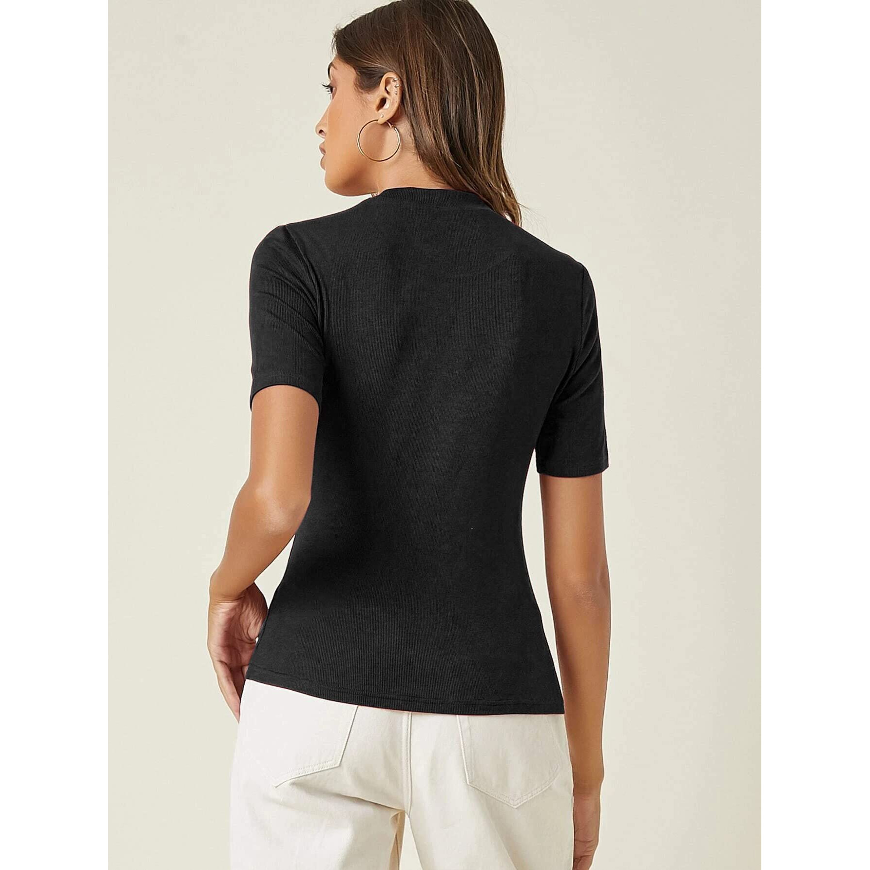 ANNI DESIGNER Women's Cotton Belnd Lycra Ribbed Solid Half Sleeve Round Neck Top (NTPR-Black-Nw_XL_Black_X-Large)