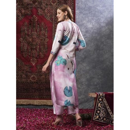 ANNI DESIGNER Women's Cotton Blend Straight Printed Kurta with Palazzo (Swans Baby Pink_XL_Baby Pink_X-Large)