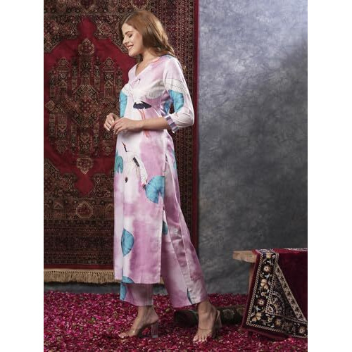 ANNI DESIGNER Women's Cotton Blend Straight Printed Kurta with Palazzo (Swans Baby Pink_XL_Baby Pink_X-Large)