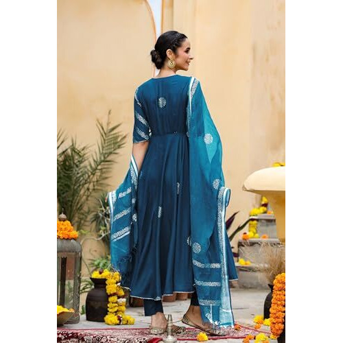 ANNI DESIGNER Women's Rayon Blend Anarkali Printed Kurta with Pant & Dupatta (Berlin KEROSIN-VKS01_XXL_Dark Blue_XX-Large)