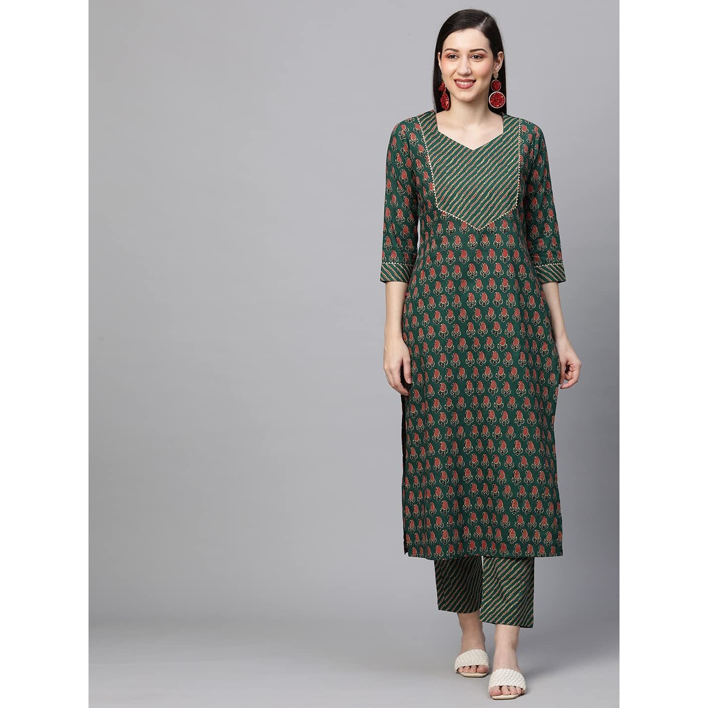 ANNI DESIGNER Women's Cotton Blend Printed Straight Kurta with Pant (Jinki-Light Green_M_Dark Blue_Medium)