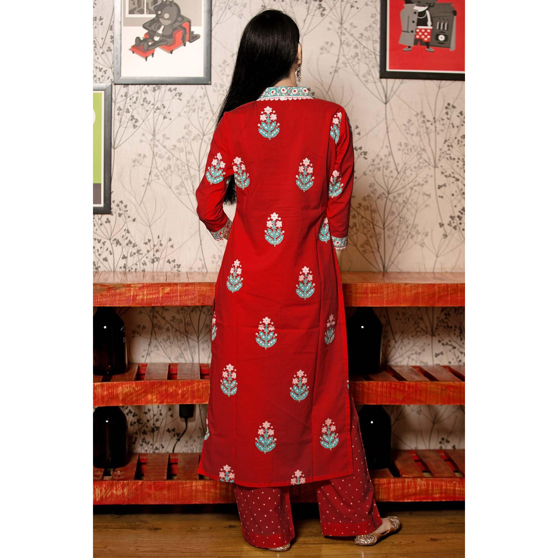 ANNI DESIGNER Women's Rayon Viscose Floral Straight Kurta with Pant & Dupatta (Belagavi Mustard_Red_Medium)