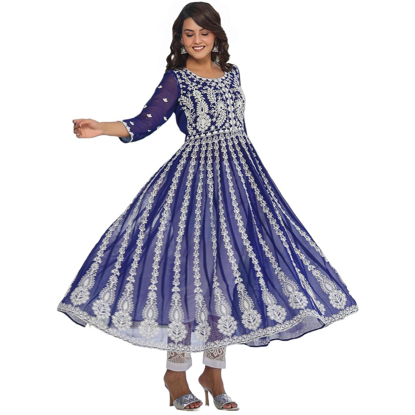 ANNI DESIGNER Women's Georgette Anarkali Chikankari Embroidered Kurta (Kari-Blue-NW_XL_Blue_X-Large)