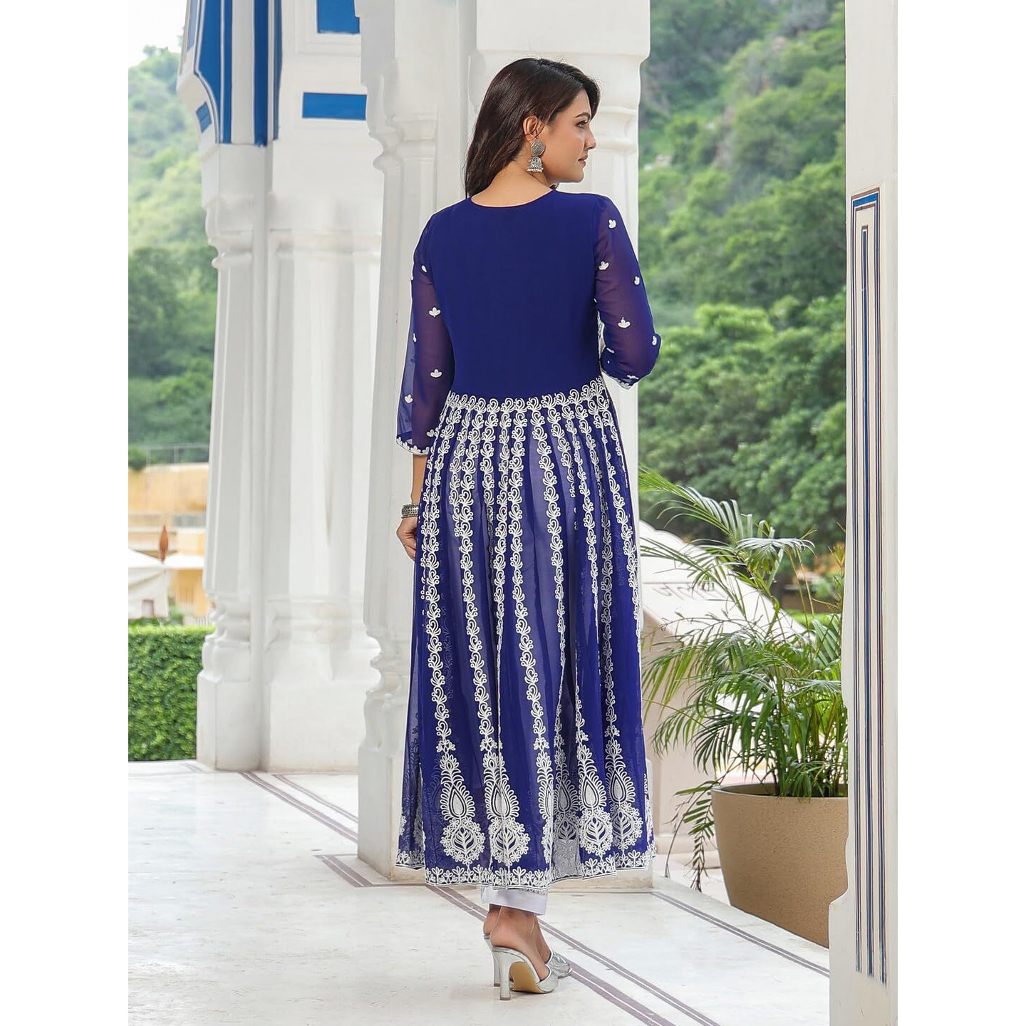 ANNI DESIGNER Women's Georgette Anarkali Chikankari Embroidered Kurta (Kari-Blue-NW_XL_Blue_X-Large)