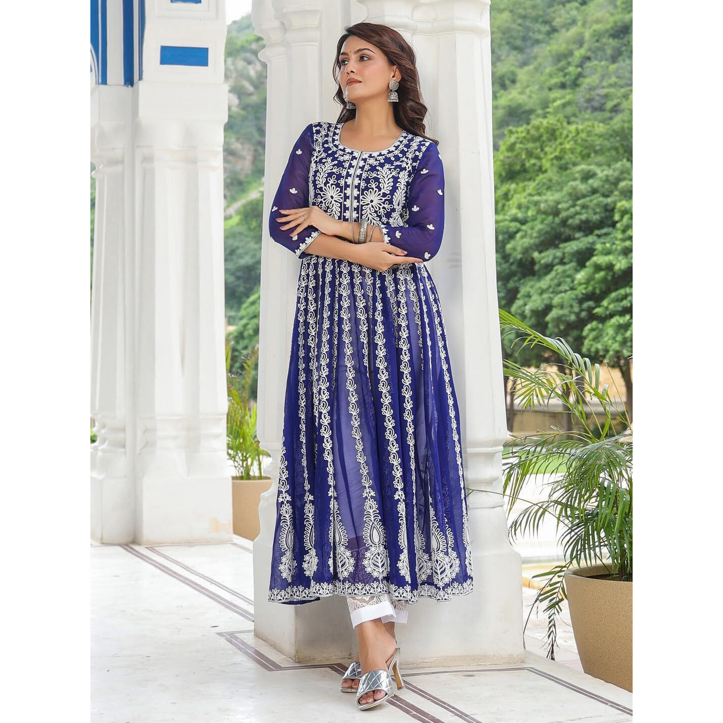 ANNI DESIGNER Women's Georgette Anarkali Chikankari Embroidered Kurta (Kari-Blue-NW_XL_Blue_X-Large)