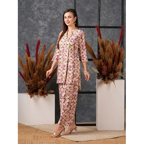ANNI DESIGNER Women's Cotton Blend Printed Ethnic Co-ord Set (AYS Purple-NW_S_Purple_Small)