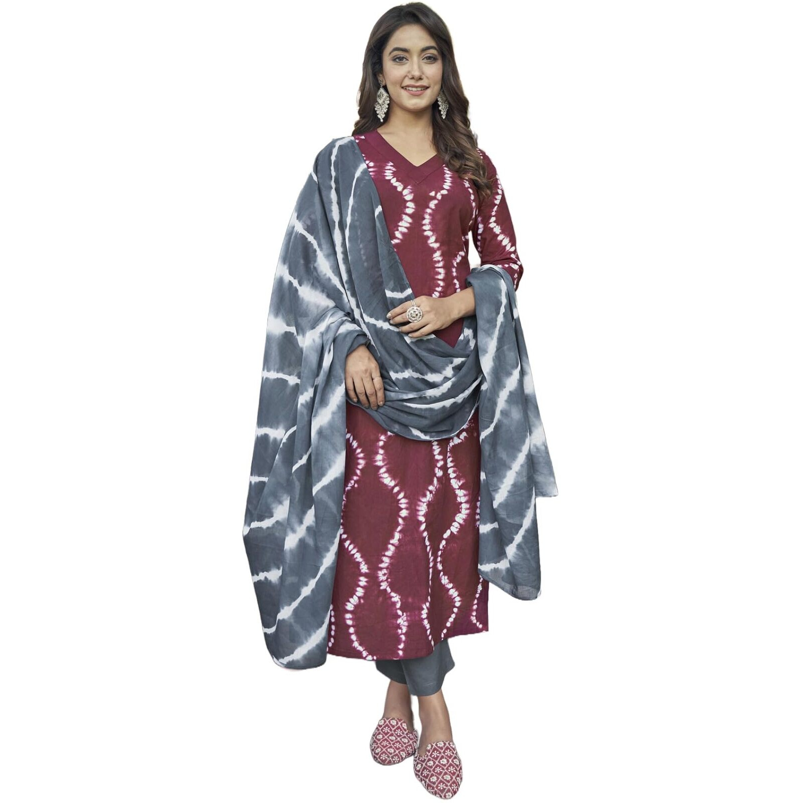 ANNI DESIGNER Women's Cotton Blend Straight Printed Kurta with Pant & Dupatta (Mithila Maroon-FNW_L_Maroon_Large)
