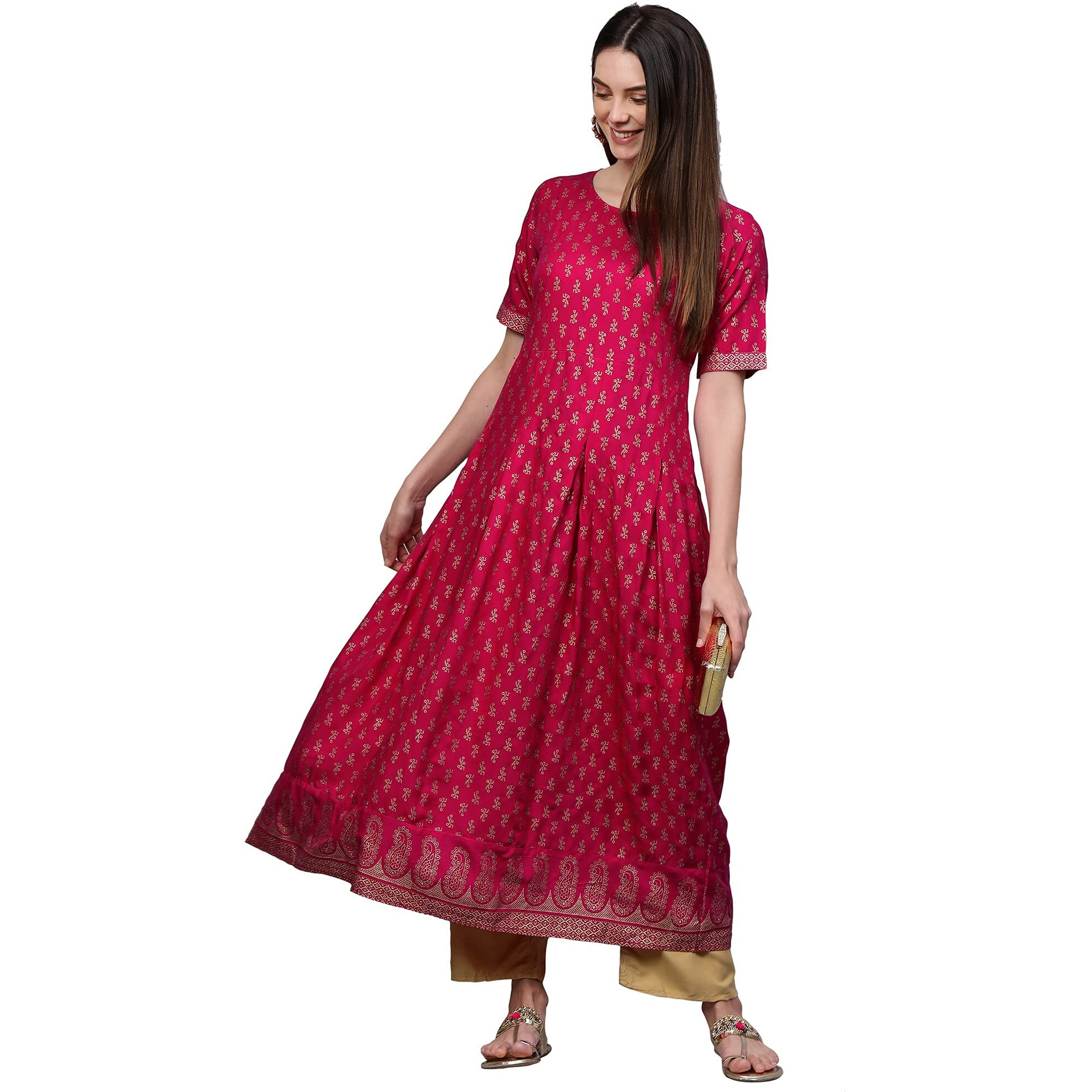 ANNI DESIGNER Women's Rayon Printed Anarkali Kurta (NINECOLOR Pink-STY_XXL_Pink_XX-Large)