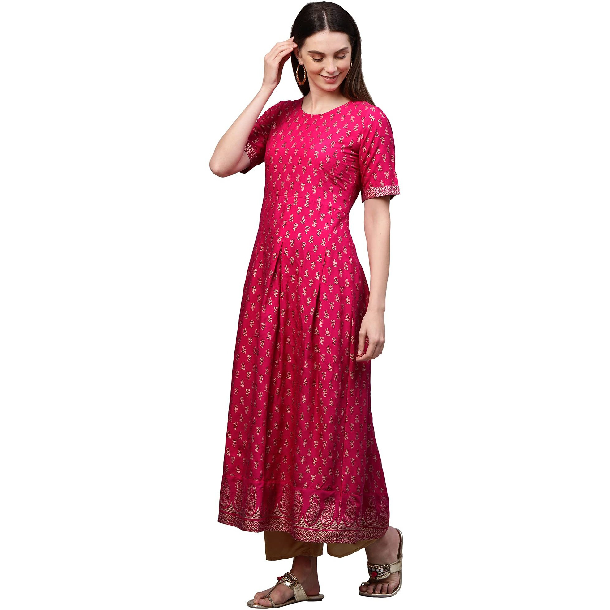 ANNI DESIGNER Women's Rayon Printed Anarkali Kurta (NINECOLOR Pink-STY_XXL_Pink_XX-Large)