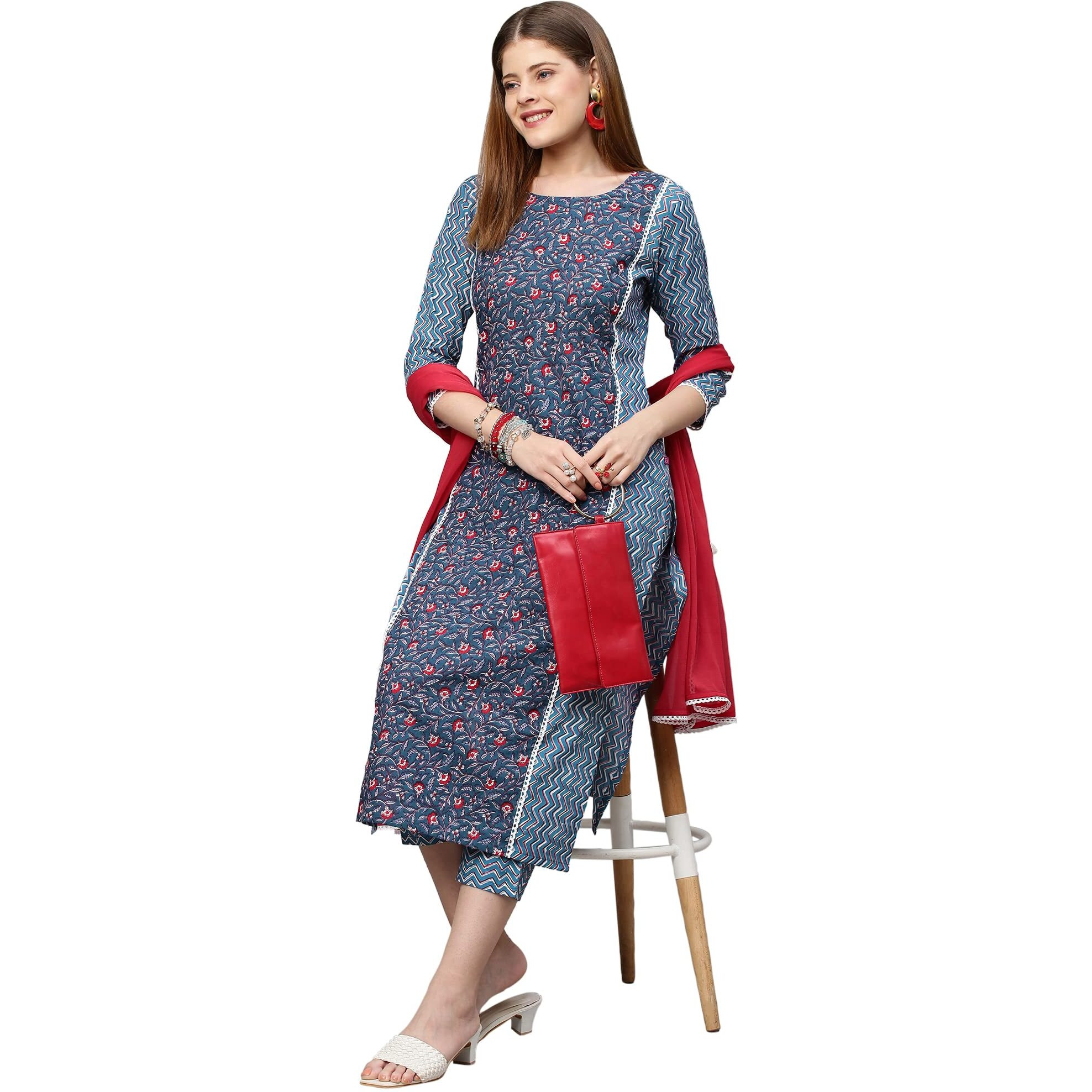 ANNI DESIGNER Women's Cotton Blend Printed Straight Kurta with Pant & Dupatta (Pinkari Blue_M_Blue_Medium)