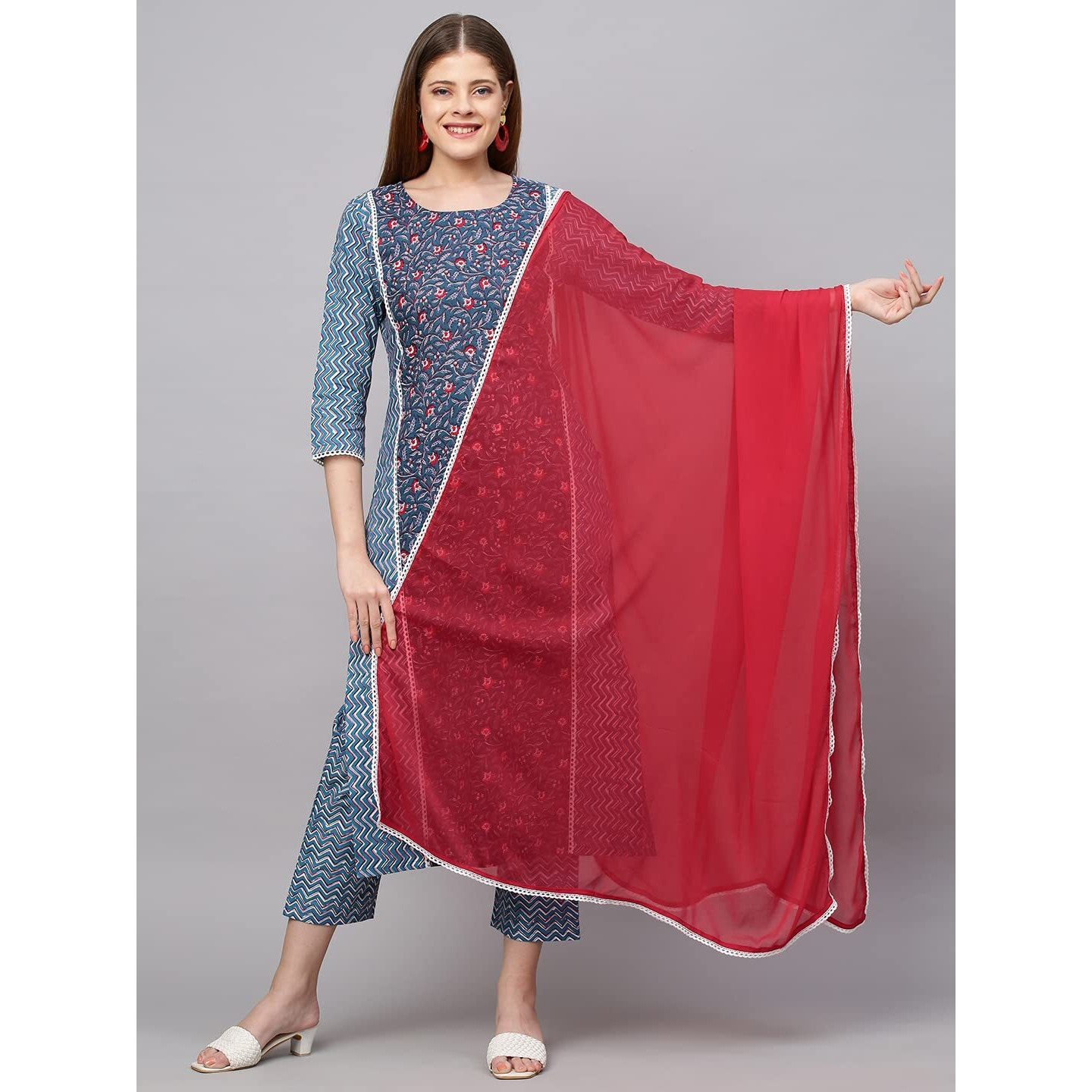 ANNI DESIGNER Women's Cotton Blend Printed Straight Kurta with Pant & Dupatta (Pinkari Blue_M_Blue_Medium)