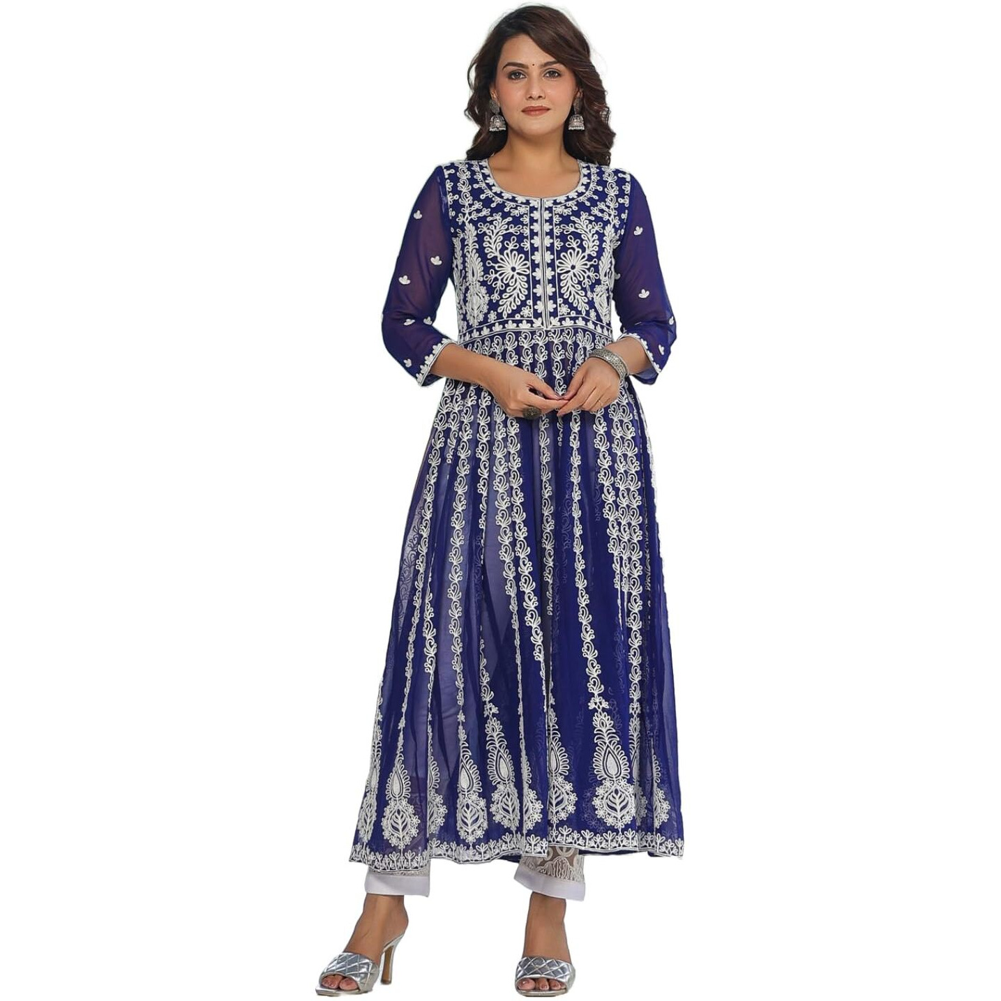 ANNI DESIGNER Women's Georgette Chikankari Embroidered Anarkali Kurti (Kari-Blue-NTS_L_Blue_Large)
