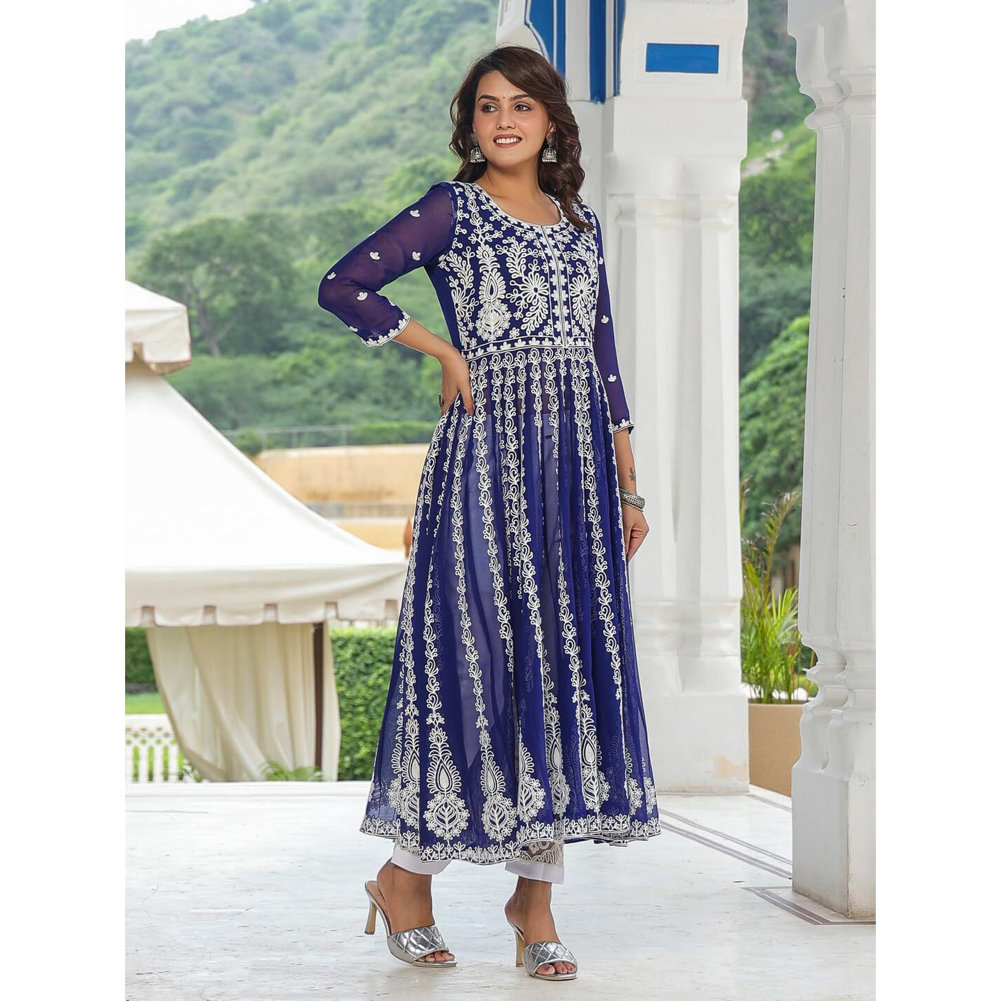 ANNI DESIGNER Women's Georgette Chikankari Embroidered Anarkali Kurti (Kari-Blue-NTS_L_Blue_Large)