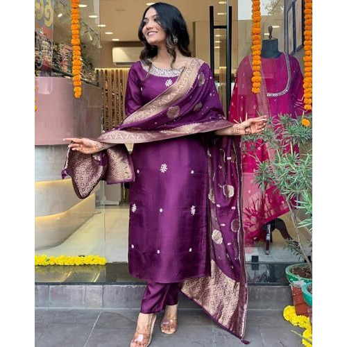 ANNI DESIGNER Women's Cotton Blend Straight Embroidered Kurta with Pant & Dupatta (Beyond Purple_4XL_Purple_XXXX-Large)