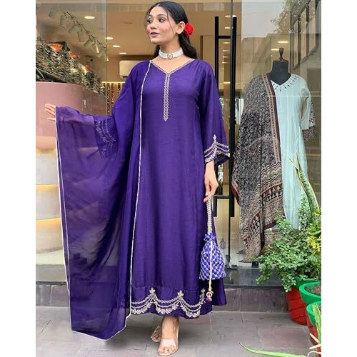 ANNI DESIGNER Women's Rayon Blend Anarkali Embroidered Kurta with Pant & Dupatta (Ranibai Blue_M_Blue_Medium)