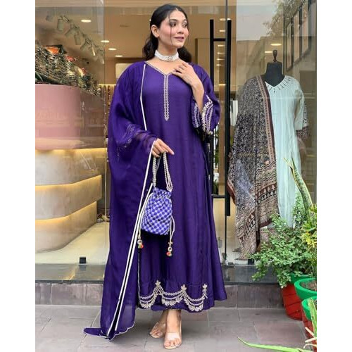 ANNI DESIGNER Women's Rayon Blend Anarkali Embroidered Kurta with Pant & Dupatta (Ranibai Blue_M_Blue_Medium)