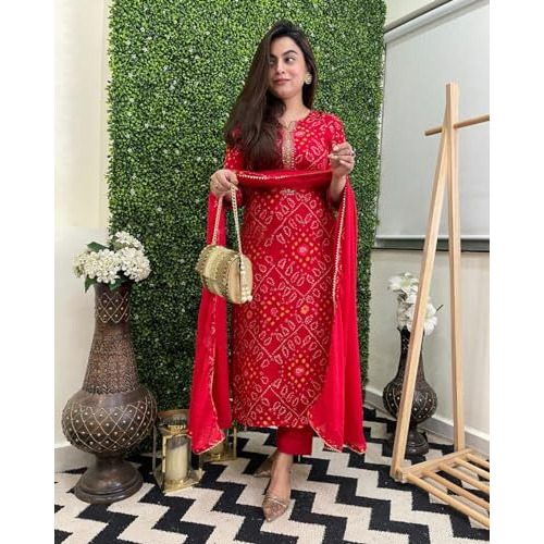 ANNI DESIGNER Women's Rayon Blend Straight Printed Kurta with Pant & Dupatta (TURAE-RED-VKS01_M_Red_Medium)