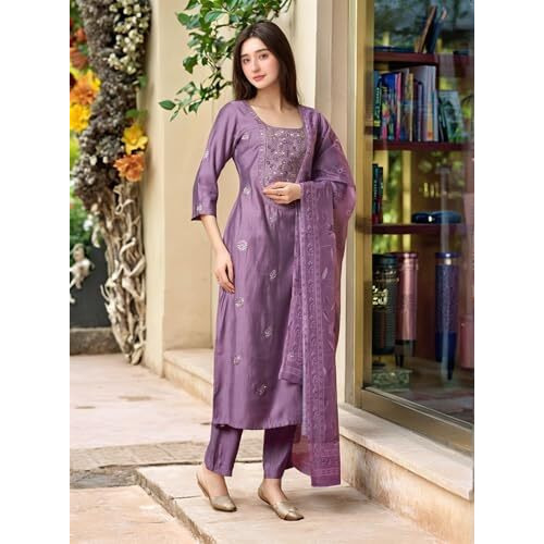 ANNI DESIGNER Women's Rayon Viscose Straight Embroidered Kurta with Pant & Dupatta (PARIMALA Purple_XL_Purple_X-Large)