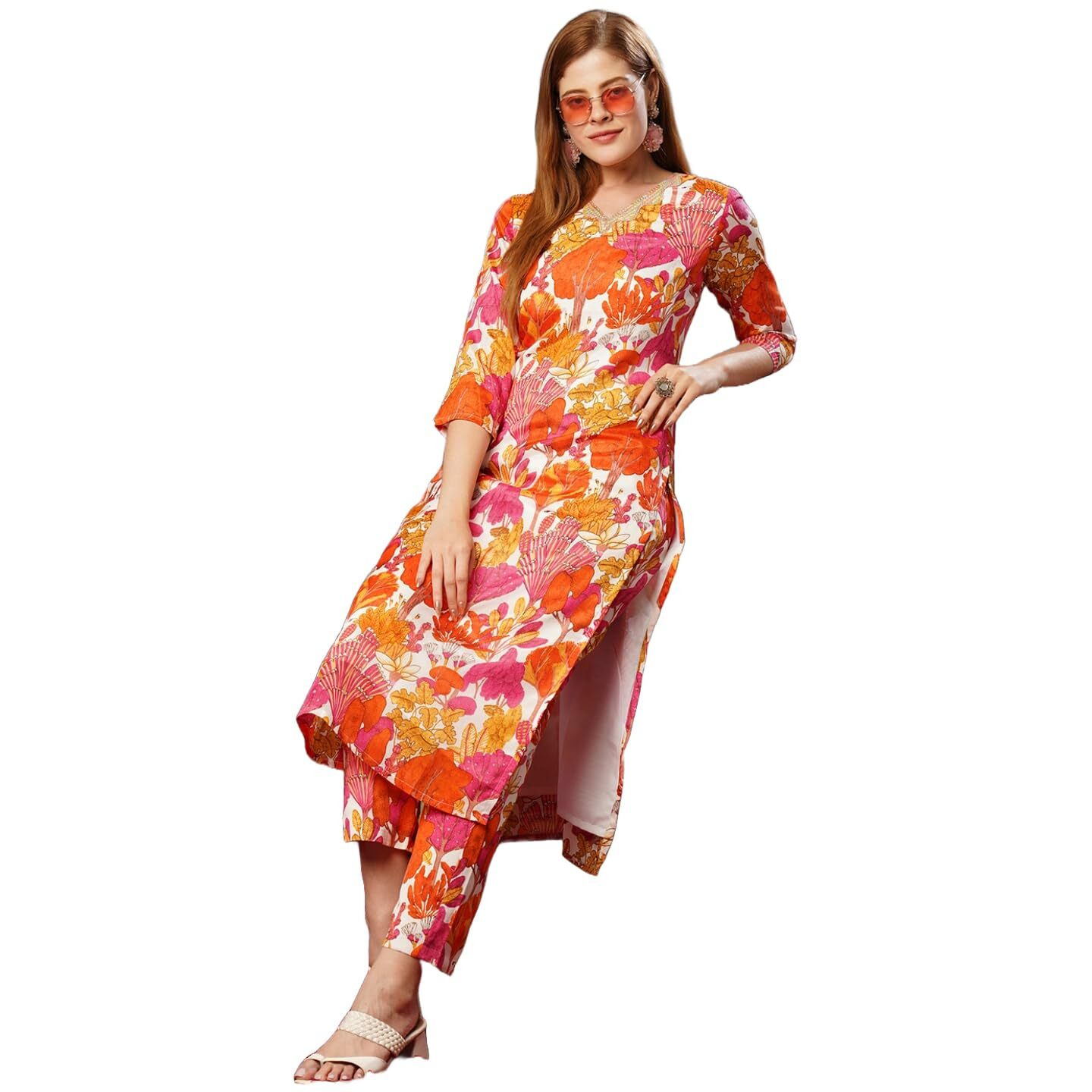 ANNI DESIGNER Women's Cotton Blend Straight Printed Kurta with Pant (Samlok Pink_M_Pink_Medium)