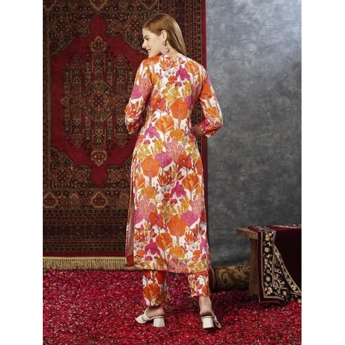 ANNI DESIGNER Women's Cotton Blend Straight Printed Kurta with Pant (Samlok Pink_M_Pink_Medium)