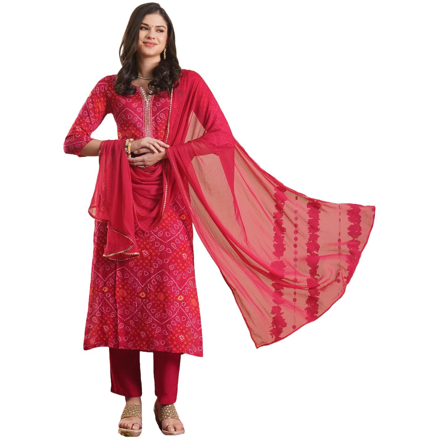 ANNI DESIGNER Women's Rayon Blend Straight Bandhej Printed Kurta with Pant & Dupatta (TURAE RANI-VKS04_M_Pink_Medium)