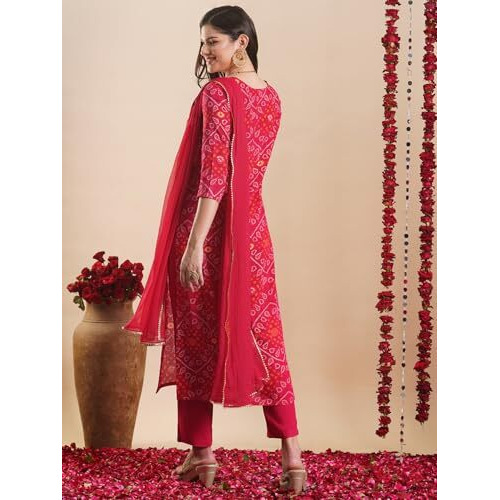 ANNI DESIGNER Women's Rayon Blend Straight Bandhej Printed Kurta with Pant & Dupatta (TURAE RANI-VKS04_M_Pink_Medium)